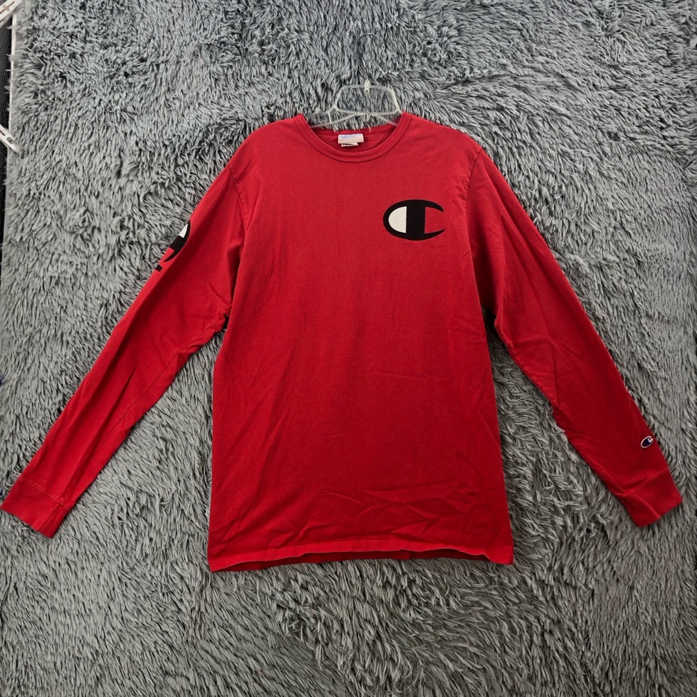 Champion Tshirt Long Sleeve Vintage Mens Large Red Logo Spellout